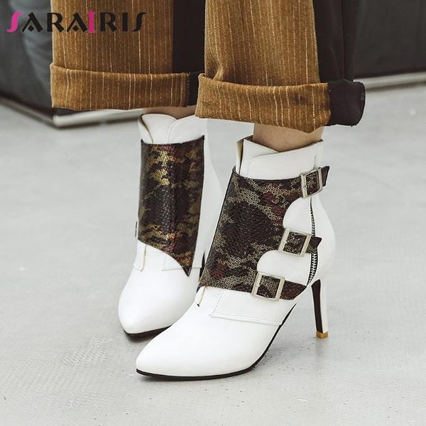 

sarairis ladies thin high heels boots fashion patchwork boots women punk fretwork decorating pointed toe ankle shoes woman, Black