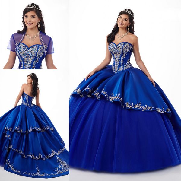 

Amazing Royal Blue Burgundy 2019 Quinceanera Prom dresses With Gold Embroideried Sweetheart Satin Ball Gown Evening Party Sweet 16 dress