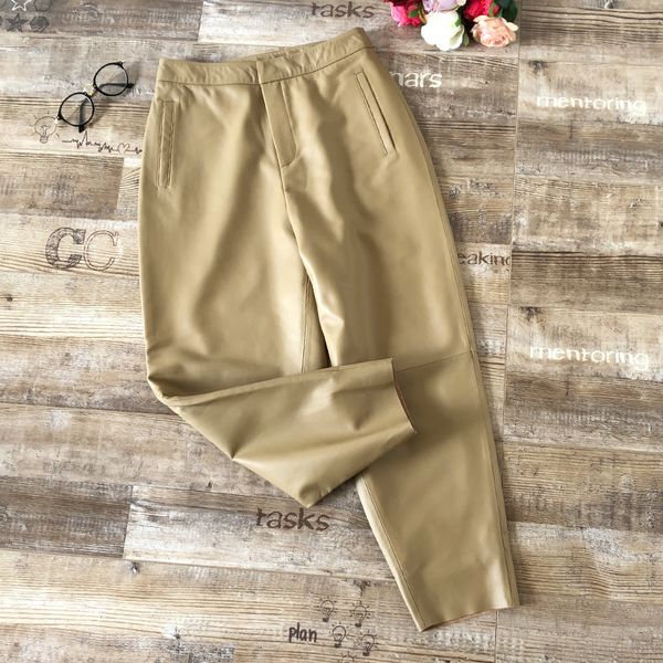 

2020 autumn and winter new sheepskin long pants womens leather pants khaki casual cropped fashion simple trousers, Black;white