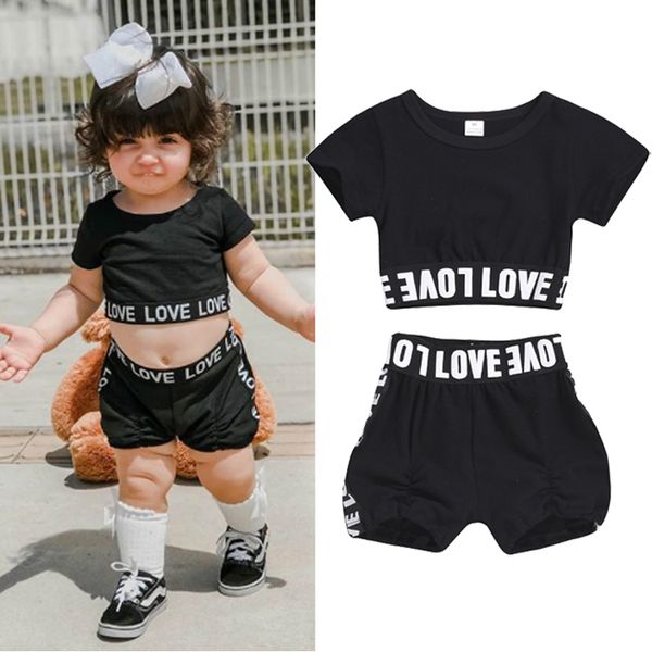 

toddler kids baby girl clothes set summer casual tracksuit short sleeve t shirt black shorts children clothing jy288, White