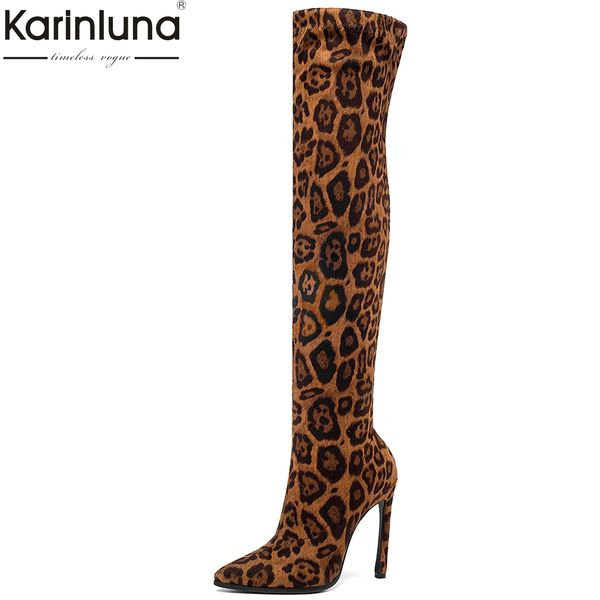 

women's stretch over the knee boots shoes women flock leopard high heels boots women thin heels female big size 34-43, Black