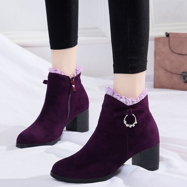 

rimocy 2019 fashion lace square heels ankle boots for women faux suede bling crystal shoes woman purple blue winter shoes female, Black