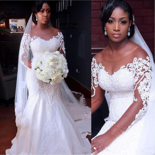 

vintage african mermaid long sleeve wedding dresses 2020 vestido de noiva long sleeve lace wedding gowns black girl women bride dress, White