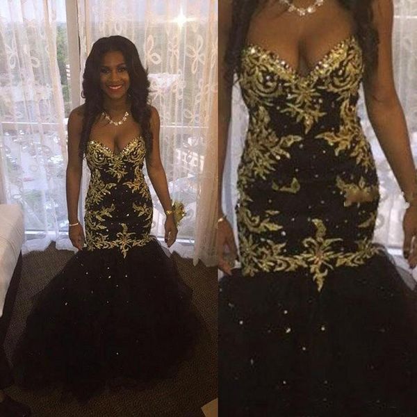 

2019 Black Long Mermaid Prom Dresses with Gold Applique Beaded Sweetheart Pageant Evening Gowns Formal Dresses