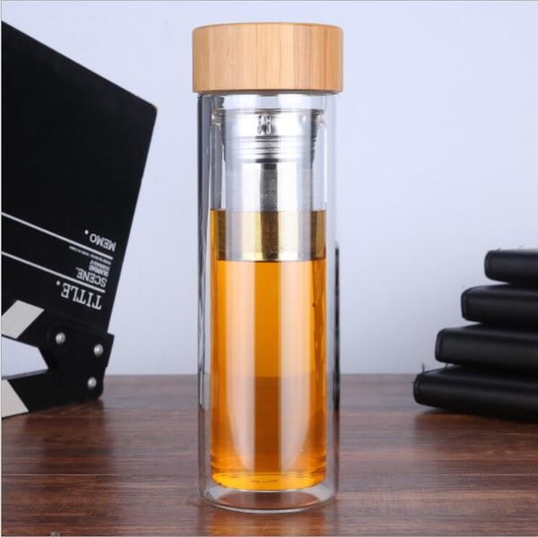 

bpa-insulated 450 ml double wall borosilicate glass water bottle with 304 stainless steel infuser bamboo lid cover joyshaker flask