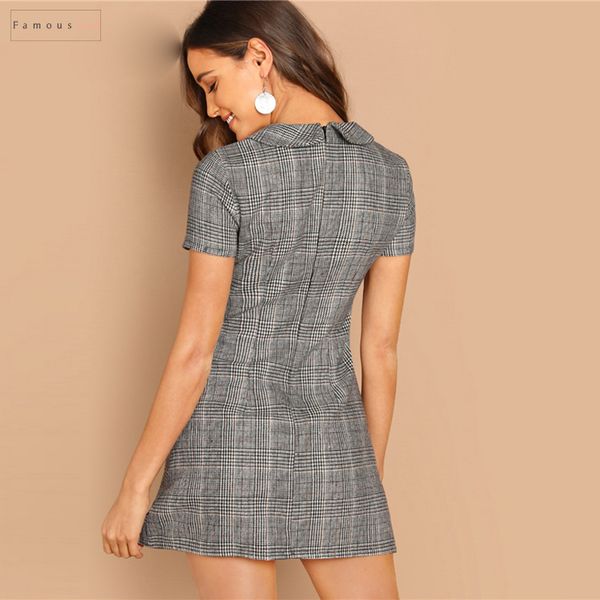 

современные серые женские платья 100% хлопок питер пэн воротник plaid короткие оболочки с коротким рукавом flared платье осень elegant lady, Black;gray