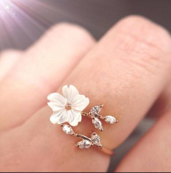 

rose gold plated zircon branches shell flowers open ring, Golden;silver