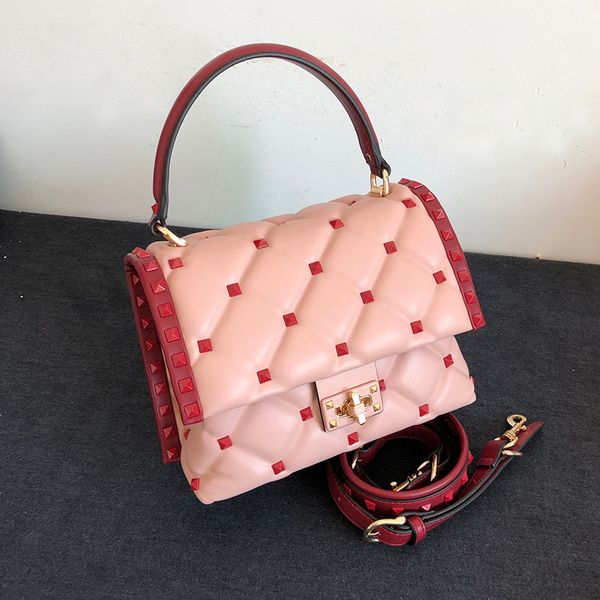 

luxury brand women sheepskin leather handbag genuine leather shoulder bag pink rivet messenger bags