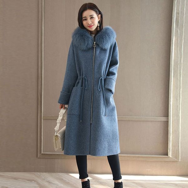 

solid fur collar hooded long woolen coats women fashion pockets loose wool blend coats plus size women's simple warm outwears, Black