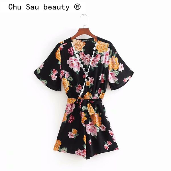 

chu sau beauty boho chic floral printed short jumpsuit women vintage lace trimmings bow sashes playsuits vestidos de verano, Black;white