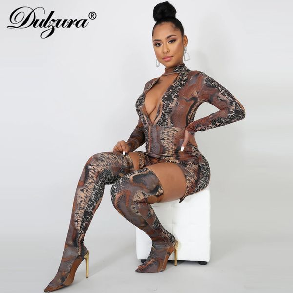 

dulzura змея животное печати женщины мини-платье с длинным рукавом носки полым из щели bodycon сексуальное 2019 осень зима клуб, Black;gray