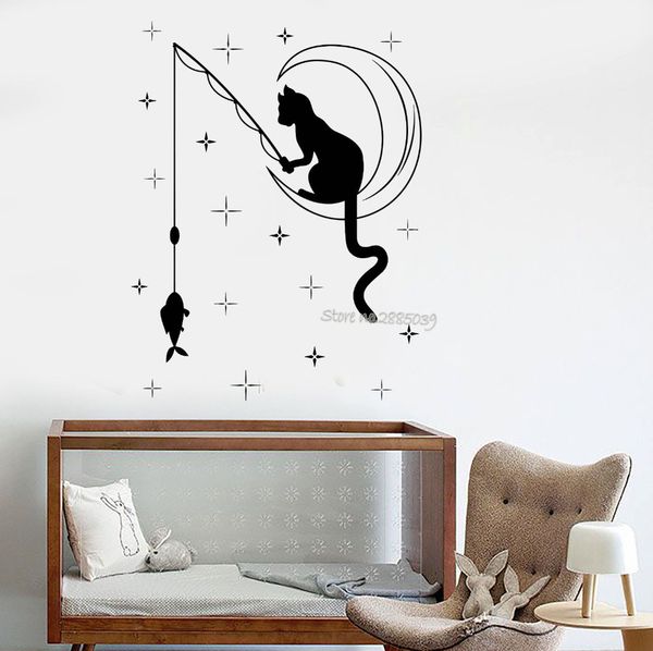 Cat Fishing Stars Vinyl Baby Nursery Wall Decal Crescent Cute Children Bedroom Stickers Home Decor Wall Decals Wallpapers Spiderman Wall Stickers