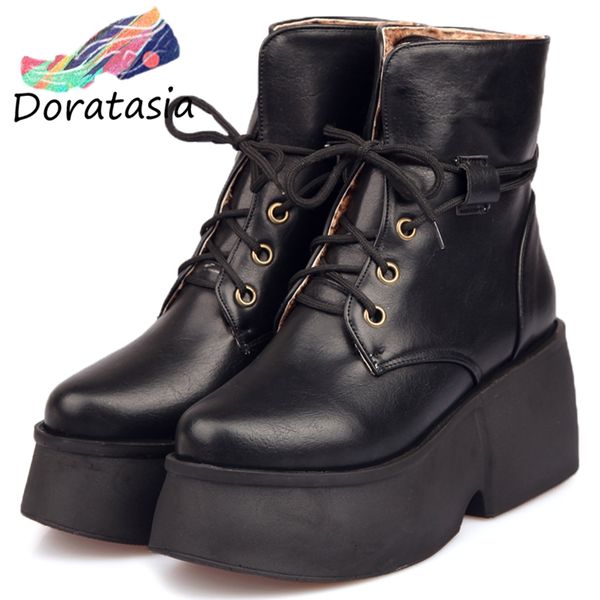 

doratasia new 33-43 fashion high platform booties ladies winter warm fur ankle boots women 2019 high wide heels shoes woman, Black