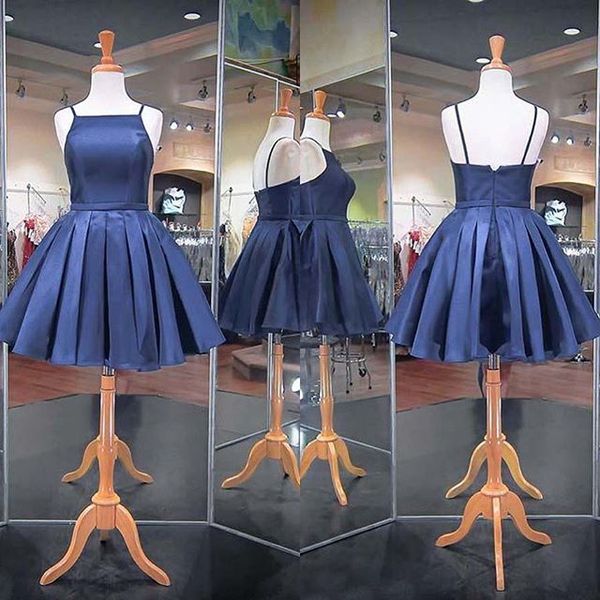 

2019 elegant spaghetti straps cocktail dresses a line navy blue satin short mini formal occasion party prom dresses custom made sale, Black