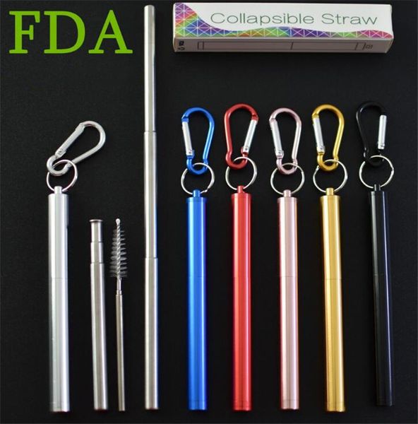 

colorful fda telescopic reusable folding drinking straws stainless steel metal portable foldable straws with aluminum case & cleaning brush