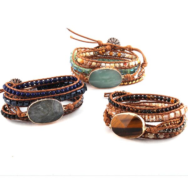 

fashion women leather bracelet handmade mixed natural stones crystal stone charm 5 strands wrap bracelets dropshippers, Golden;silver