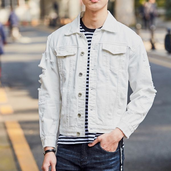 

denim jacket men's coat new style with holes popular brand long sleeve slim fit casual men's wear, Black;brown