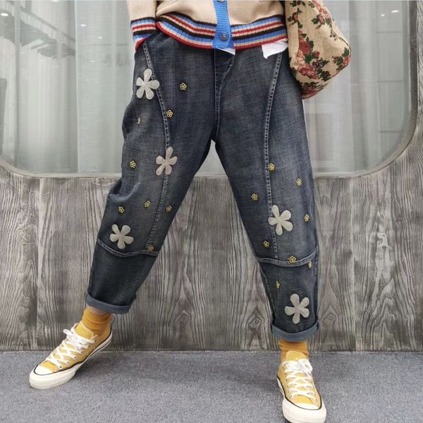 

embroidery stitching loose big yard stretch autumn washed denim pant girl trousers joker haroun logn pants women, Blue