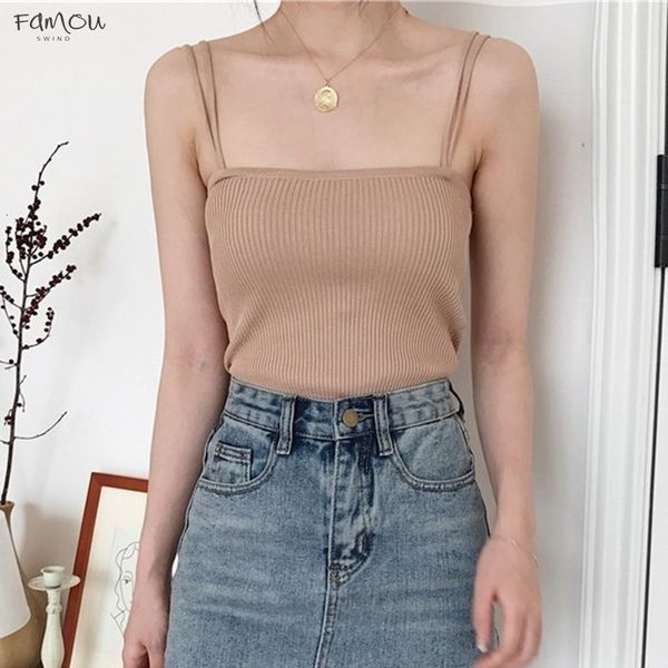 

us warehouse knitted tank women sleeveless vest t shirt ladies slim strap short camisole sleeveless basic tanks, White