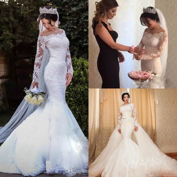 

2019 скромный бато кружева свадебные платья со съемной юбкой иллюзия с длинным рукавом старинные русалка свадебное платье рыбий хвост поезд, White
