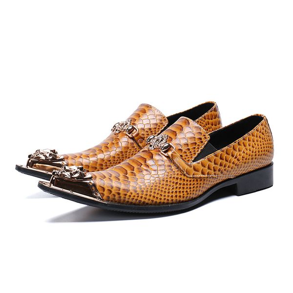 

luxury men shoes genuine leather orange snakeskin printed men casual shoes pointed iron cap toe leisure loafers, Black