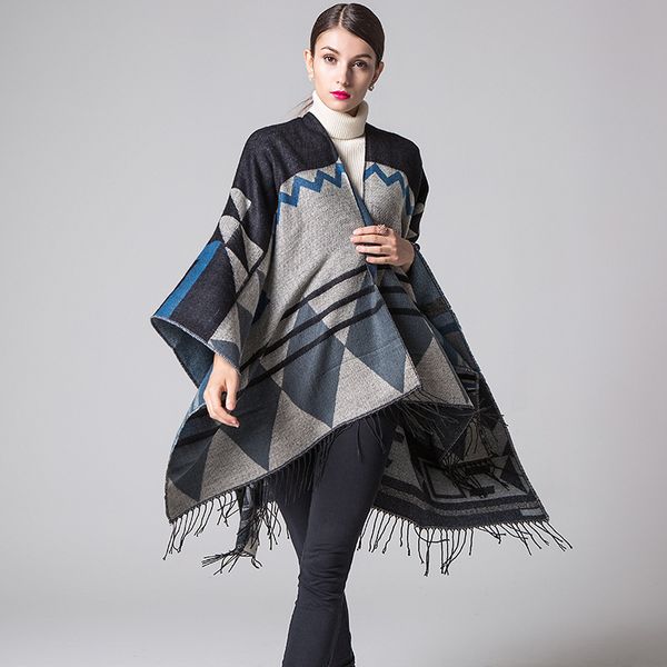 

wholesale-designer scarf bohemian tassels long thick cashmere autumn and winter national wind travel split ladies shawl cloak, Blue;gray