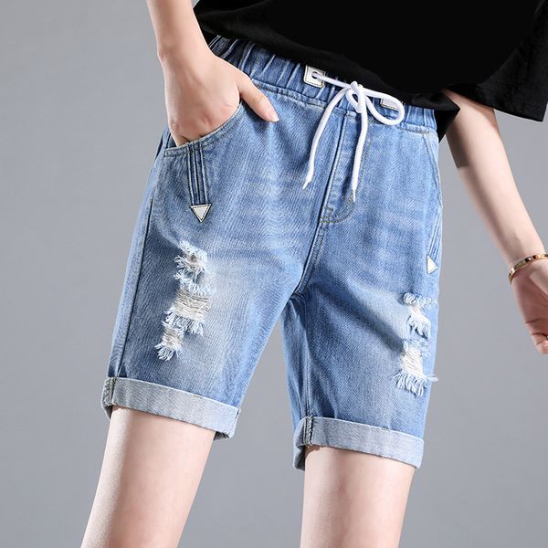 

лето denim ripped bermuda shorts женщины синий drawstring закрытие проблемные stretch короткие джинсы, Blue