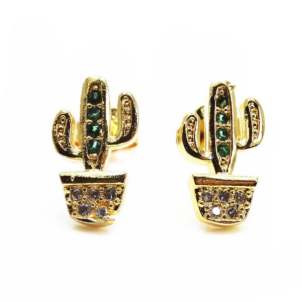 

plant cactus style stud earring gold plated pave green cz earring lady jewelry micro pave zircon earring stud, White