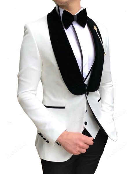 Smoking da sposo bianco su misura Smoking da uomo eccellente Smoking da sposa in velluto nero con risvolto da uomo, vestito da ballo di fine anno (giacca + pantaloni + cravatta + gilet) 1733