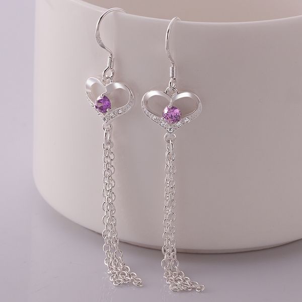 

brand new sterling silver plate insets straight heart-shaped earrings dfmse570,women's 925 silver dangle chandelier wedding gemstoe ear