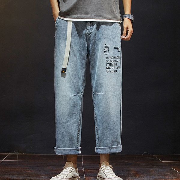 

тонкие мужские джинсы студент свободные прямые укороченные брюки корейский универсальный повседневный широкие брюки хип-хоп студент, Blue