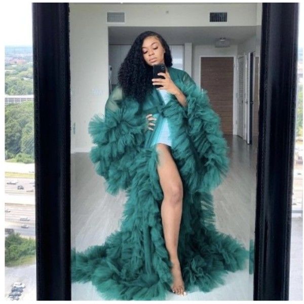 verde scuro Moda Ruffles Tulle Kimono Abiti da sera Robe Extra Puffy Prom Abiti da festa Maniche gonfi Mantello africano Mantello Pregn278E