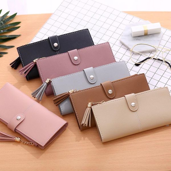 

ishowtienda women solid simple leather zippert long wallet tassel coin purse card holders handbag portefeuille femme carteira, Red;black