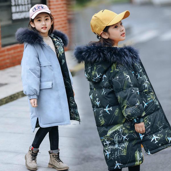 

girls clothing warm down jacket for girl clothes wear on both sides kids down coat child clothes thick outerwear, Blue;gray