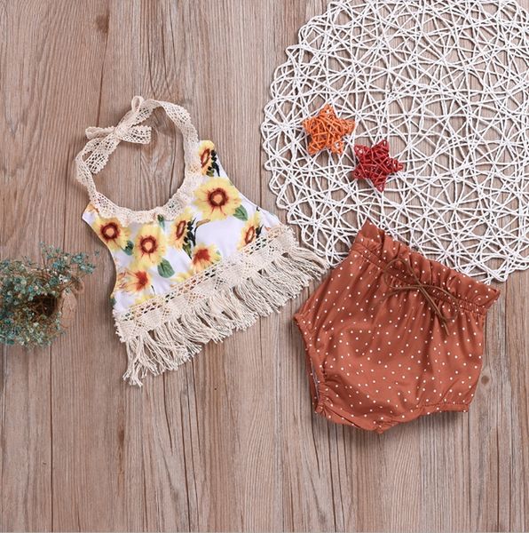 

baby girls outfits sunflower printed dots shorts 2pcs sets tassel children clothes set summer kids clothing dhw2590, White