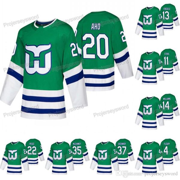 

Carolina Hurricanes Sebastian Aho Whalers Night Green Jersey Warren Foegele Haydn Fleury Justin Williams Brett Pesce Justin Faulk Jerseys
