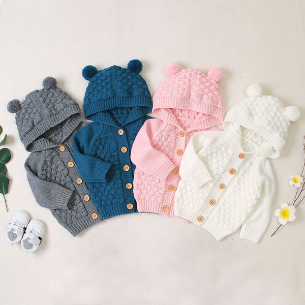 

cute ear toddler boys girls kids baby sweater hooded knit warm coat outerwear, White