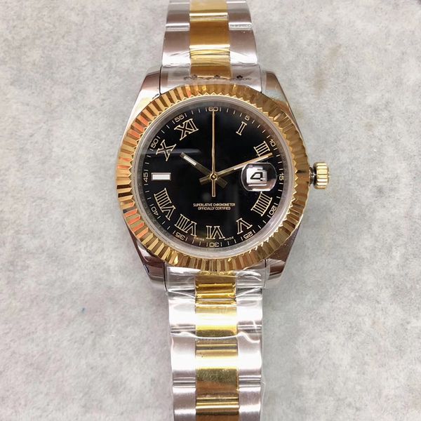 

41mm black dial roman number two tone jubilee bracelet automatic mens watch sapphire watches fixed fluted yellow gold bezel wristwatches, Slivery;brown