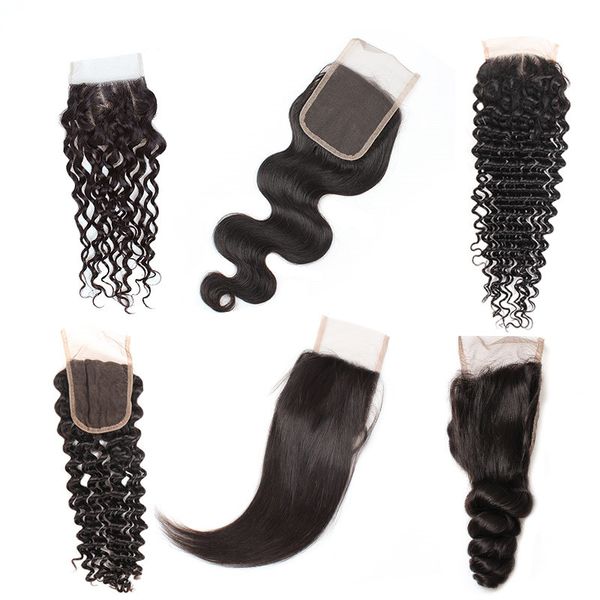 

8a brazilian human hair closure 4*4 waterwave peruvian hair deep body loose wave straight part swiss lace closure ing, Black;brown