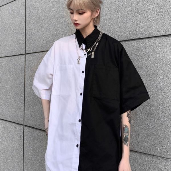 

еѬнй и белй мђжин женин кнопка ввеѬ t shirt коѬейкий ulzzang лопок tshirt streetwear, White;black