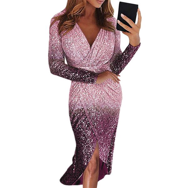 

wipalo spring autumn women evening party dress deep v-neck long sleeve high waist front slit dress gradient sequin vestidos, Black;pink