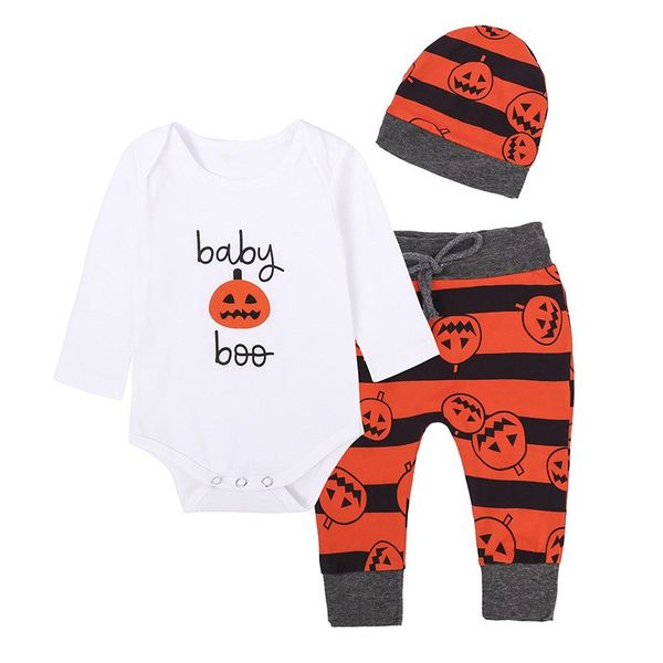 

3pcs baby boy girl winter clothing set baby boo bodysuit+pant+hat halloween holiday festival autumn baby boy outfit sets, White