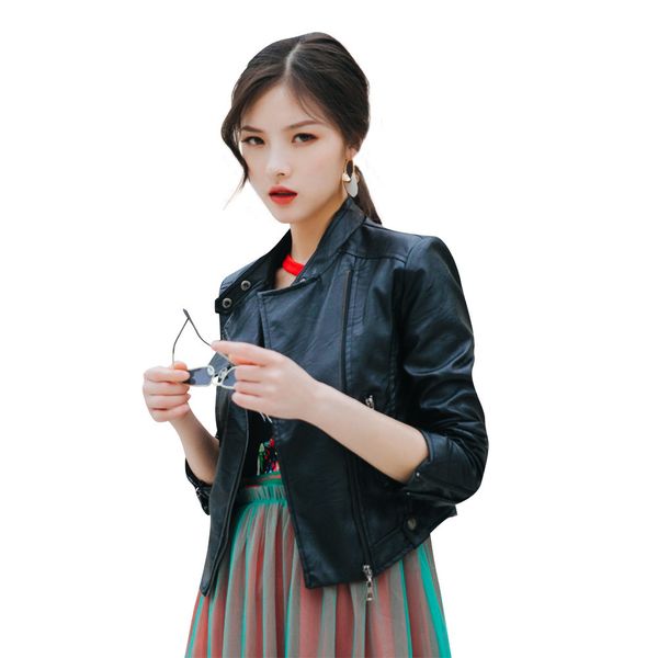 

pattern street wind pu locomotive clothing woman small loose coat korean show thin leather jacket women, Black