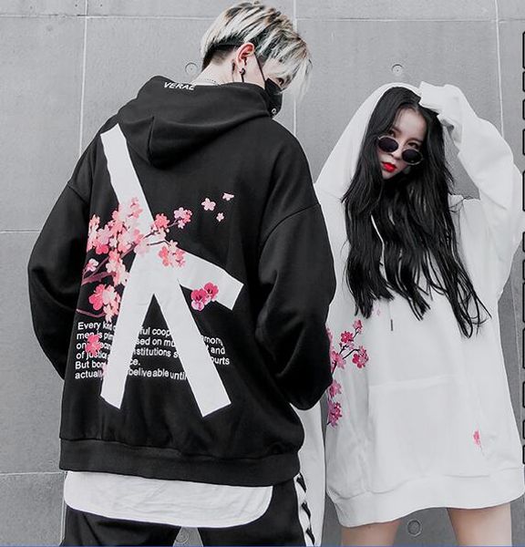 

winter modis cherry blossom print hoodie streetwear hip hop oversize women men cotton sweatshirts retro hoody, Black
