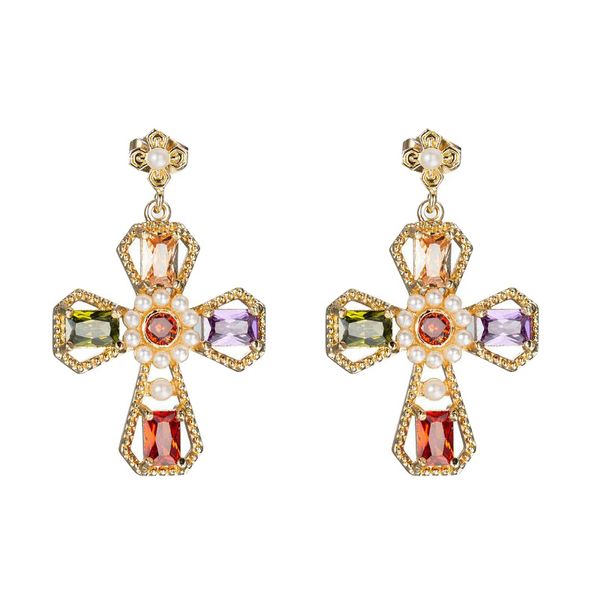 

luckyshien multi-color gold plated crosses zircon charm stud earrings pearl women's new delicate earrings, Golden