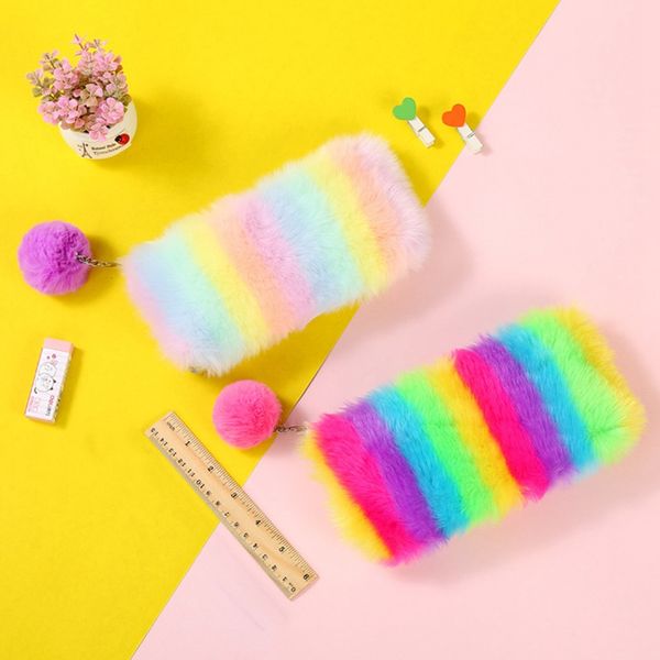 

cute rainbow plush pencil case multi-color pencil bag for kids girls gifts pen box school stationery supplies
