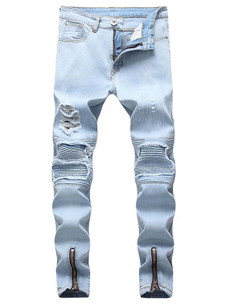 

jean long trousers men pencil pant youth street dress elastic hole washed fashion casual fashion hip hop washed men moownuc mwc, Blue