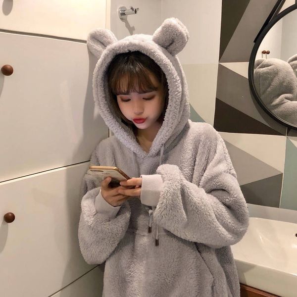 

kawaii women hoodies pullover girl winter loose fluffy bear ear hoodie hooded jacket warm outerwear coat cute sweatshirt girls, Black