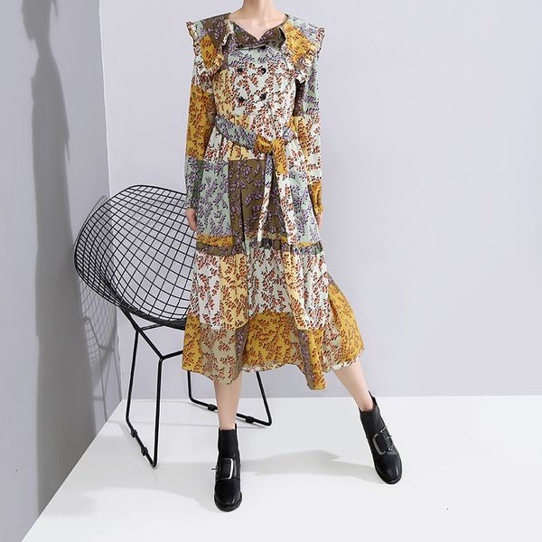 

women pattern print split ruffles idi dress new round neck long sleeve loose fit fashion tide spring utumn 2020 1n030, Black;gray