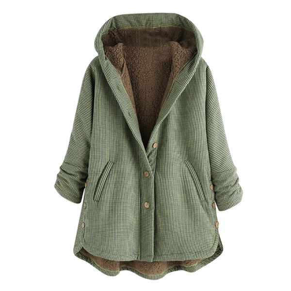 

2019 winter women's coats fashion vintage plaid long sleeve jackets warm thick solid outwear button hooded overcoats plus size, Black